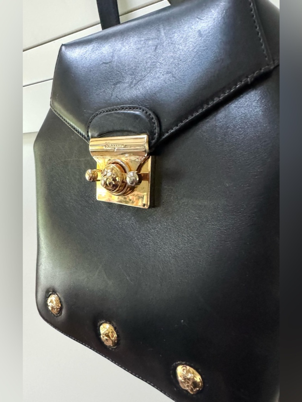 SALVATORE FERRAGAMO Rare Mini Backpack Black Leather Shoe Studs Gold Lock - Picture 8 of 12